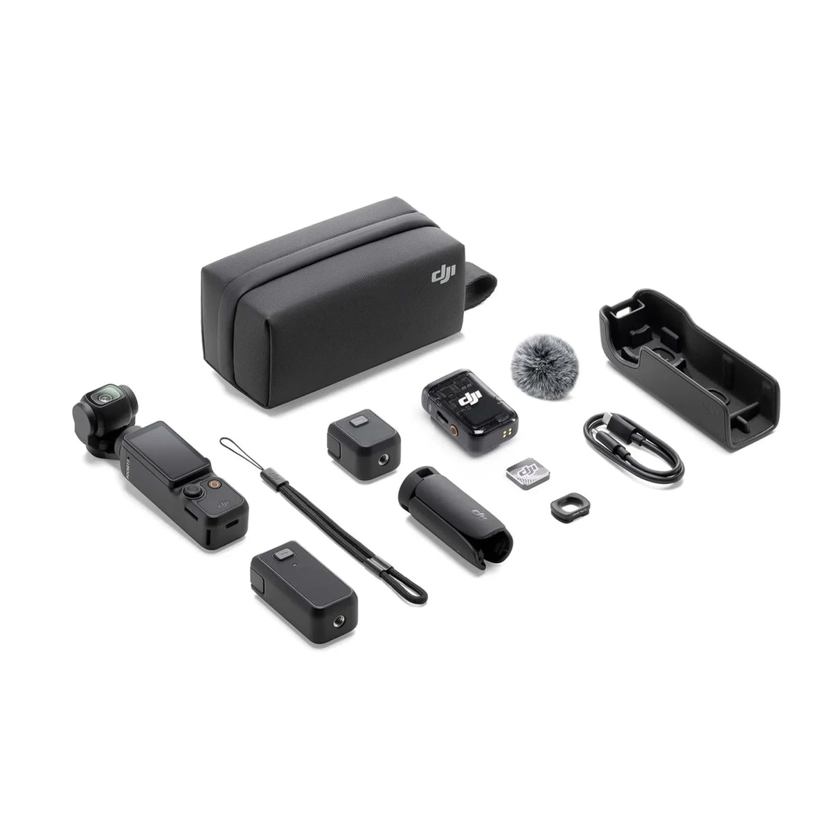 Osmo Pocket 3 black handheld camera with accessories on white background
