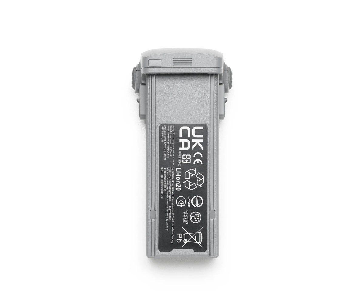DJI Air 3S grey battery laying flat shown at rear label view on a white background