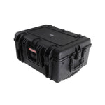 Black hard-shell protective case on a white background