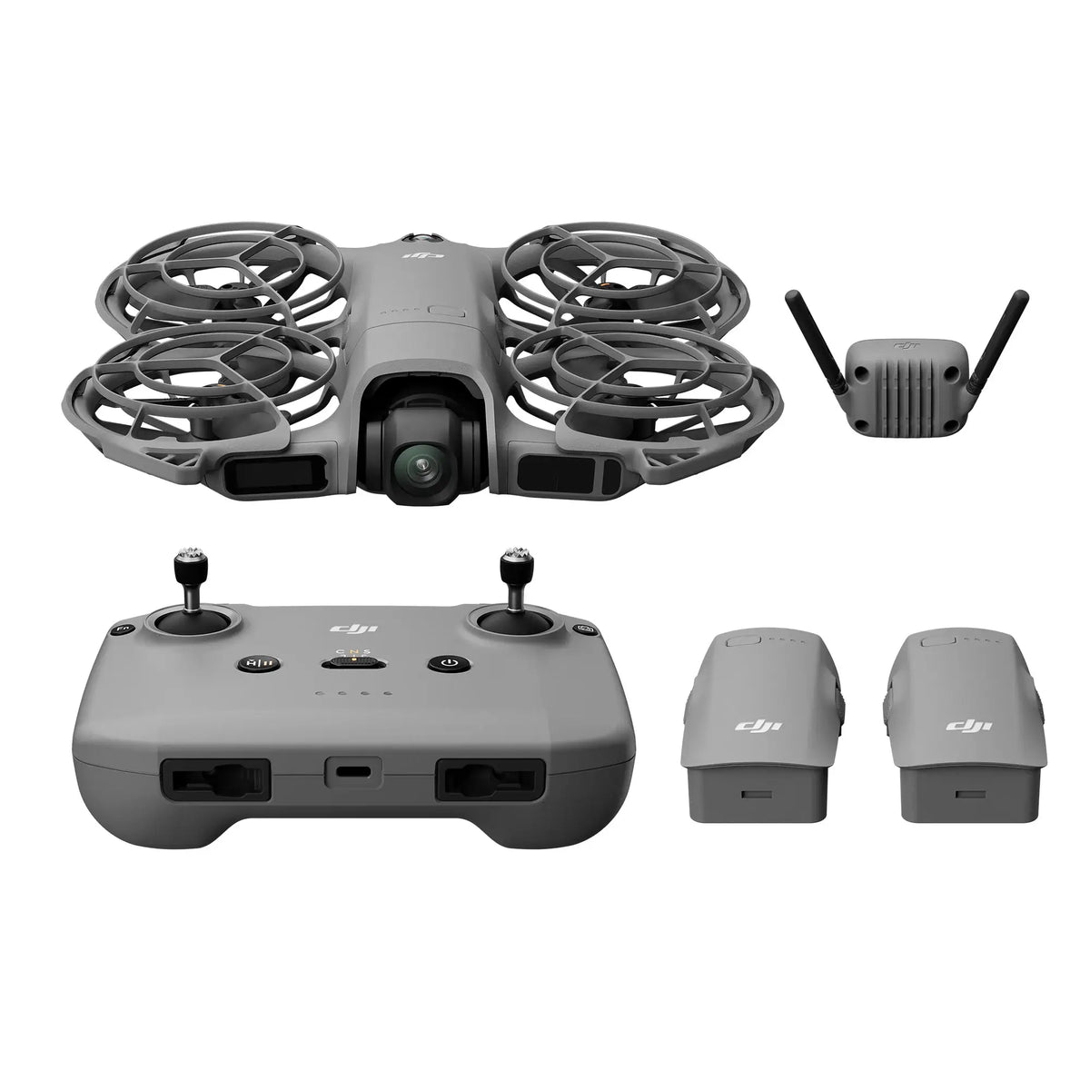 dji neo 2 drone with controller and batteries on a white background