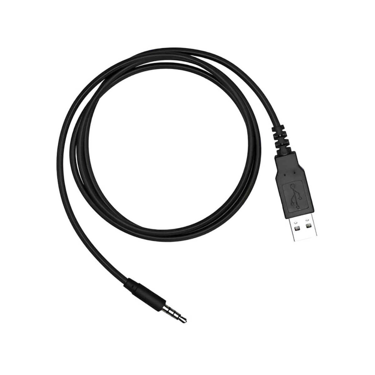 Black USB cable with audio jack on a white background