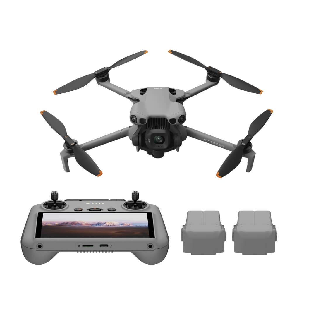 Mini 5 Pro drone with remote control and 2 batteries on a white background
