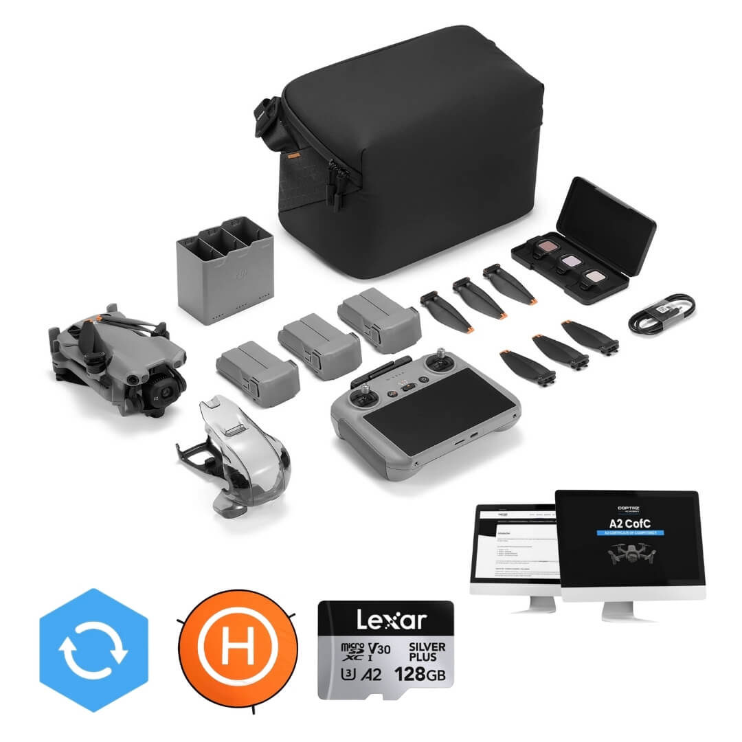 Collection of drone and accessories including a black bag, battery packs and a Lexar memory card on a white background