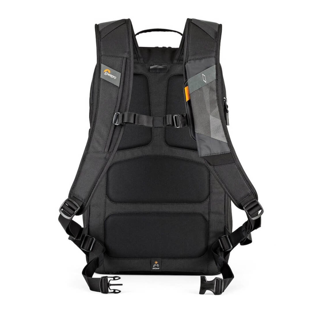 Black backpack with visible brand logo and straps on a white background