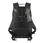Black backpack with visible brand logo and straps on a white background