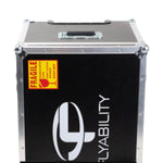 Black flight case with 'Flynability' logo and fragile label on a white background