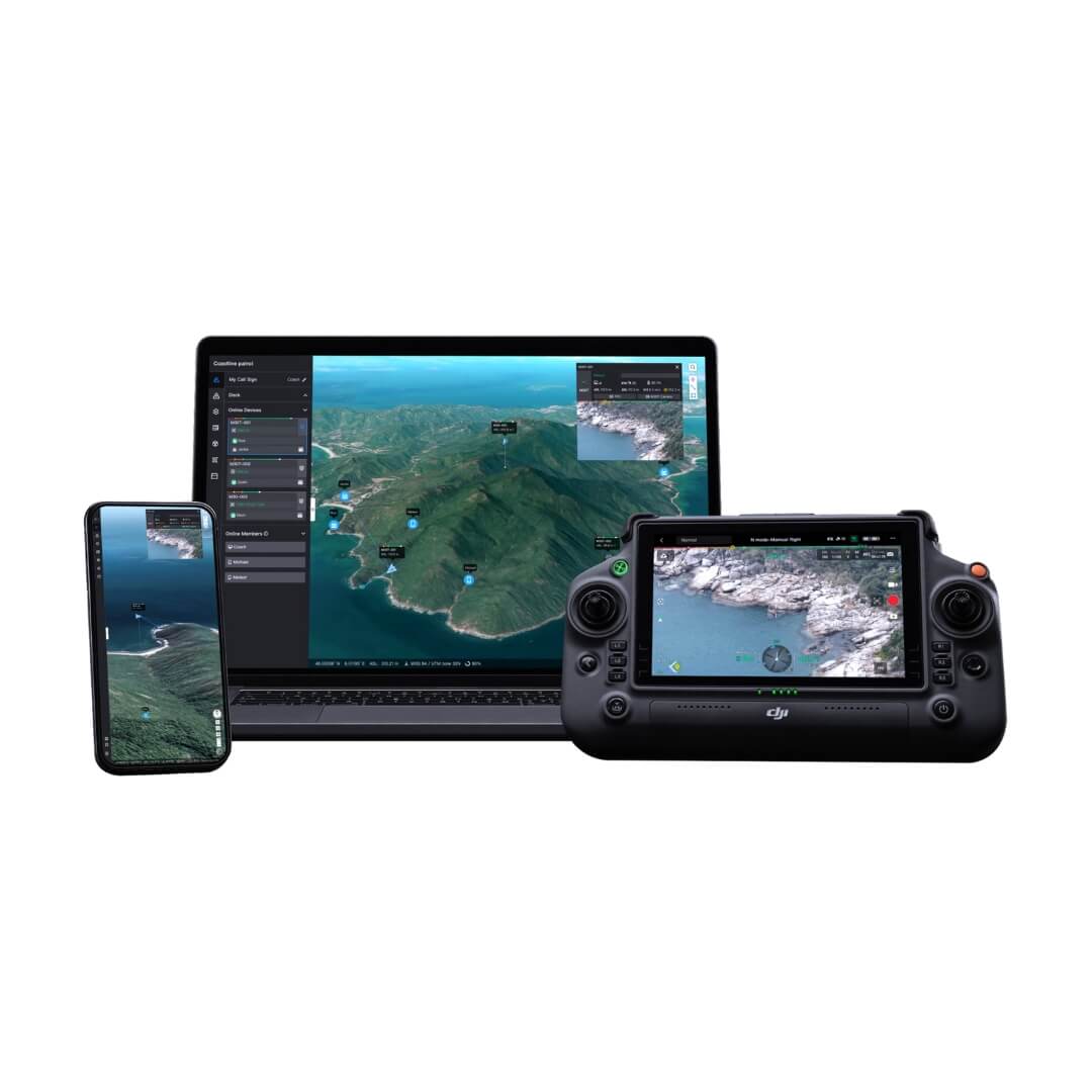 DJI FlightHub 2 software interface displayed on multiple devices, including mobile, laptop and remote controller
