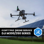 DJI M300/350 series drone flying over a solar panel with Coptrz Drone Service branding.