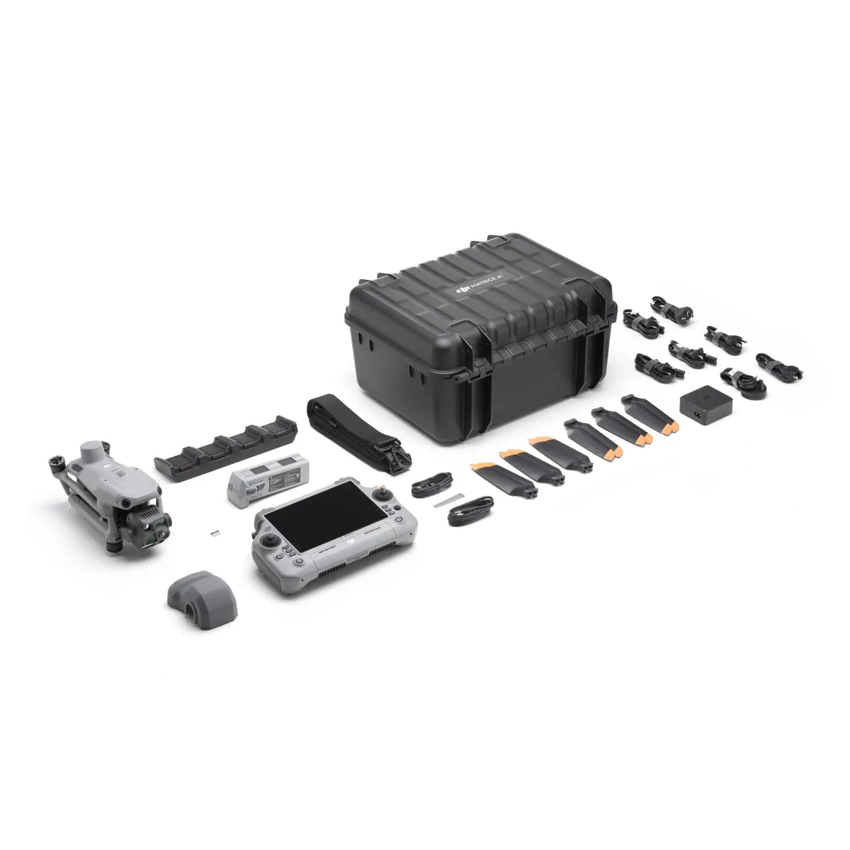 DJI Matrice 4T thermal grey drone with remote control, battery, charger, propellers, cable and hard case on a white background