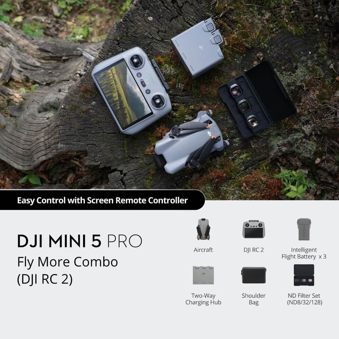 DJI Mini 5 Pro Fly More Combo with DJI RC 2 remote controller on a wooden surface