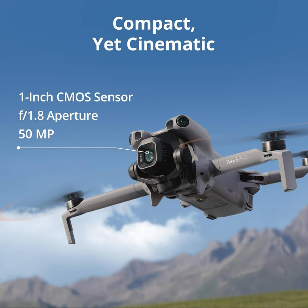 Mini 5 Pro drone with camera features highlighted against a mountainous background