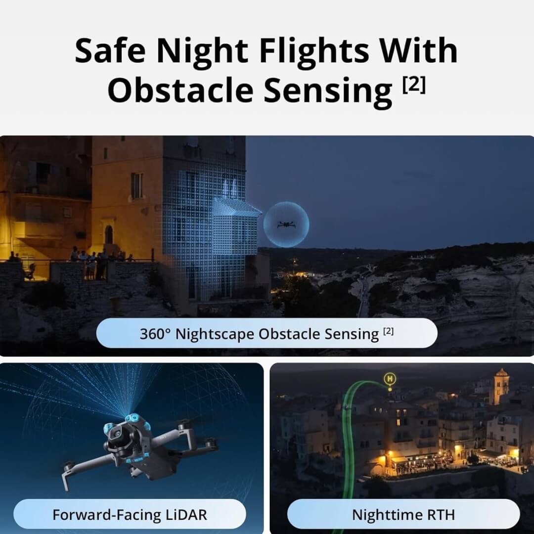 Advertisement for drone safety features with obstacle sensing technology at night