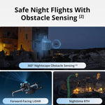Advertisement for drone safety features with obstacle sensing technology at night
