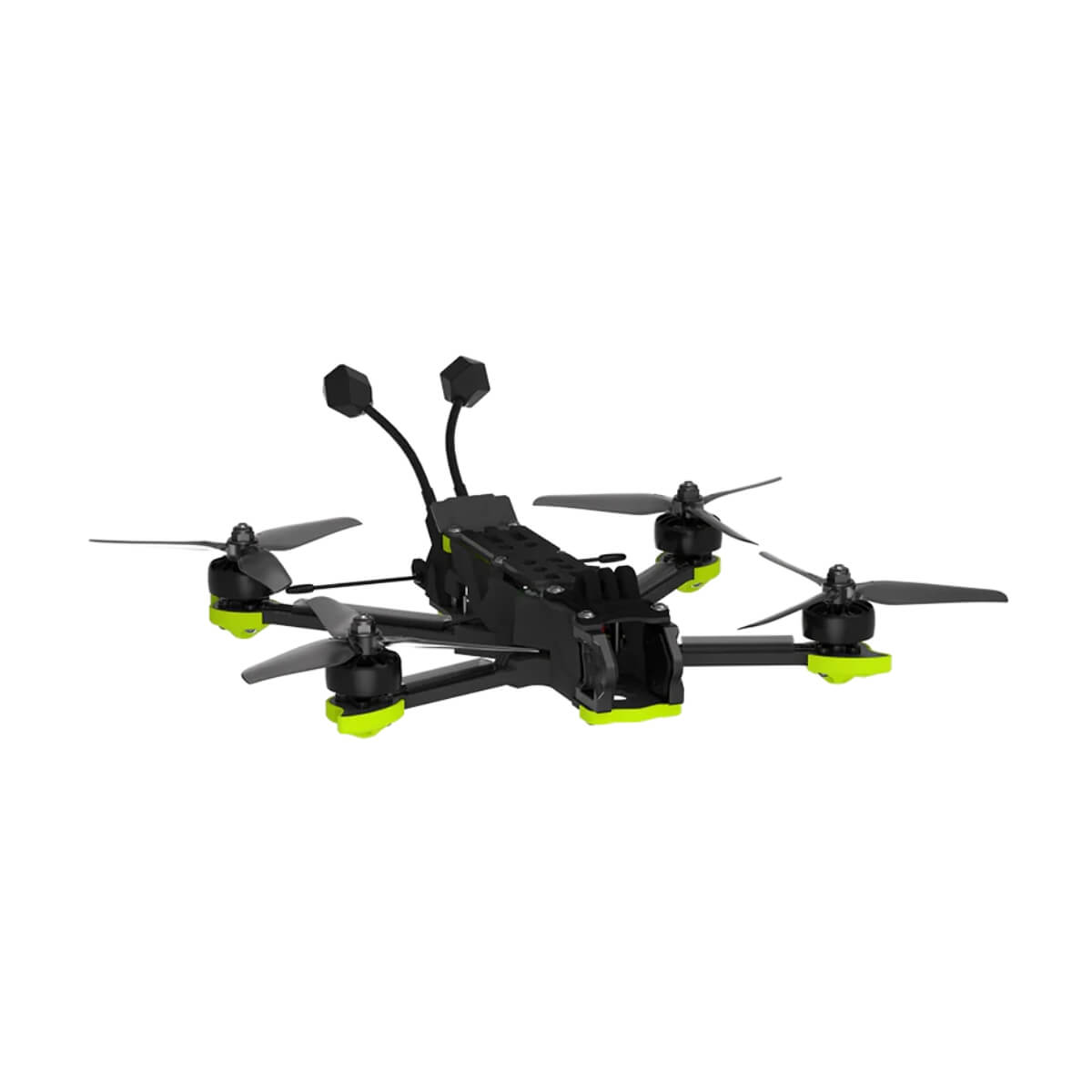 Black drone with green accent on a white background