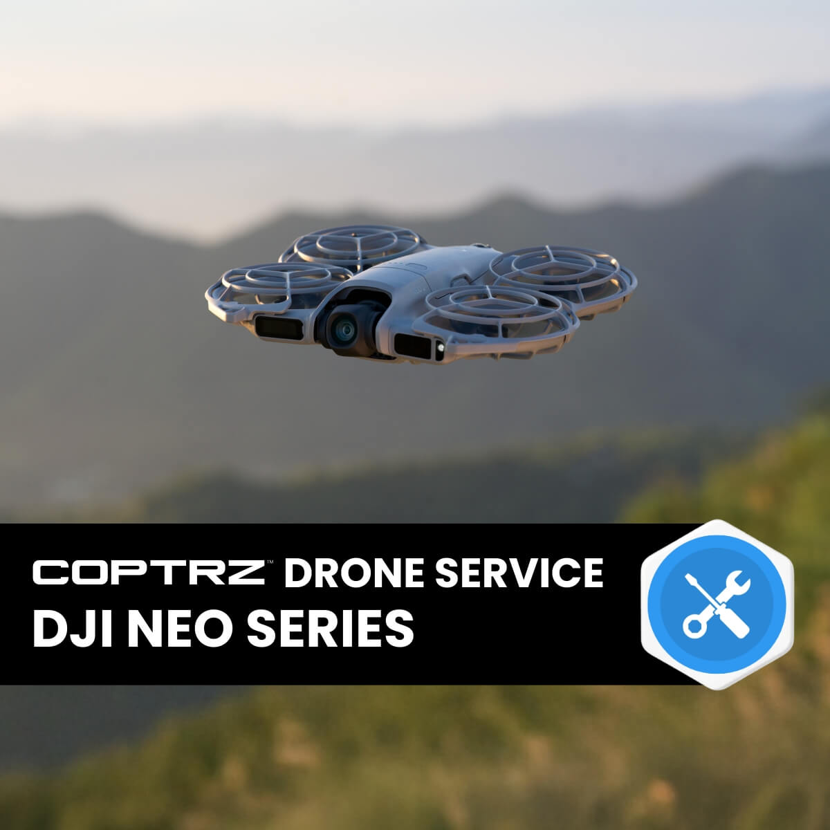Drone flying in the sky with a mountainous background and Coptrz Drone Service branding.