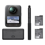 Osmo 360 camera with Adventure Combo with selfie stick, protective pouch and multiple batteries on a white background