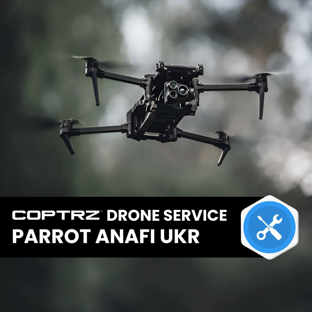 Parrot Anafi UKR drone in flight with branding text and logo.