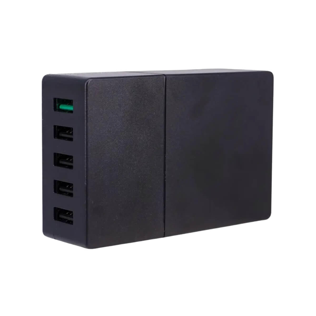 Black power adapter with multiple USB ports on a white background