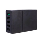 Black power adapter with multiple USB ports on a white background