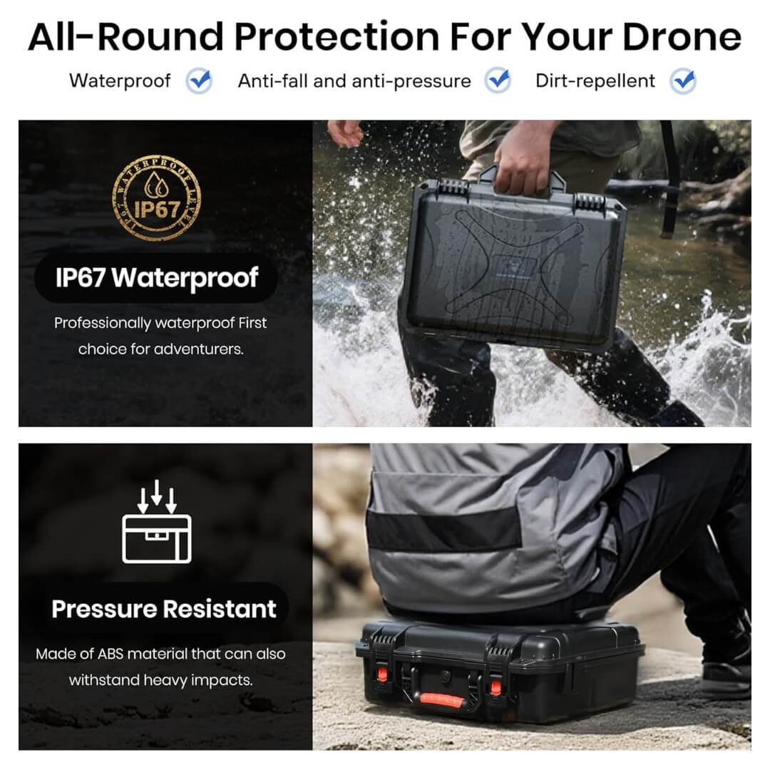 Drone case with waterproof, anti-fall, and anti-pressure features, shown being used in various scenarios.