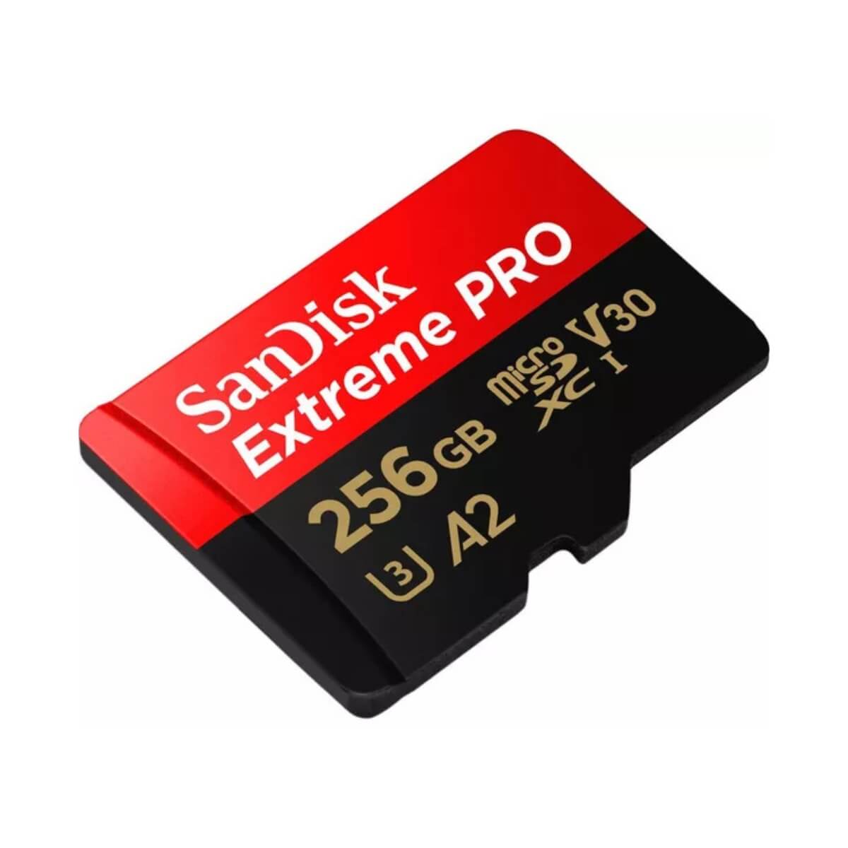 SanDisk Extreme PRO microSDXC 256gb card with red and black design shown at 45-degree front right view on a white background