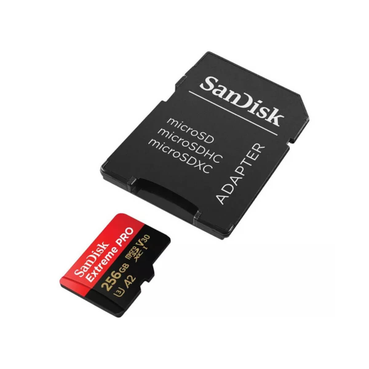 SanDisk microSD card with adapter shown at front bottom-up left view on a white background