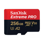 SanDisk Extreme PRO microSDXC 256gb card with red and black design shown at front view on a white background