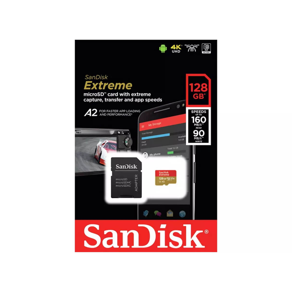 SanDisk Extreme microSD card packaging with specifications on a white background