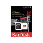 SanDisk Extreme microSD card packaging with specifications on a white background