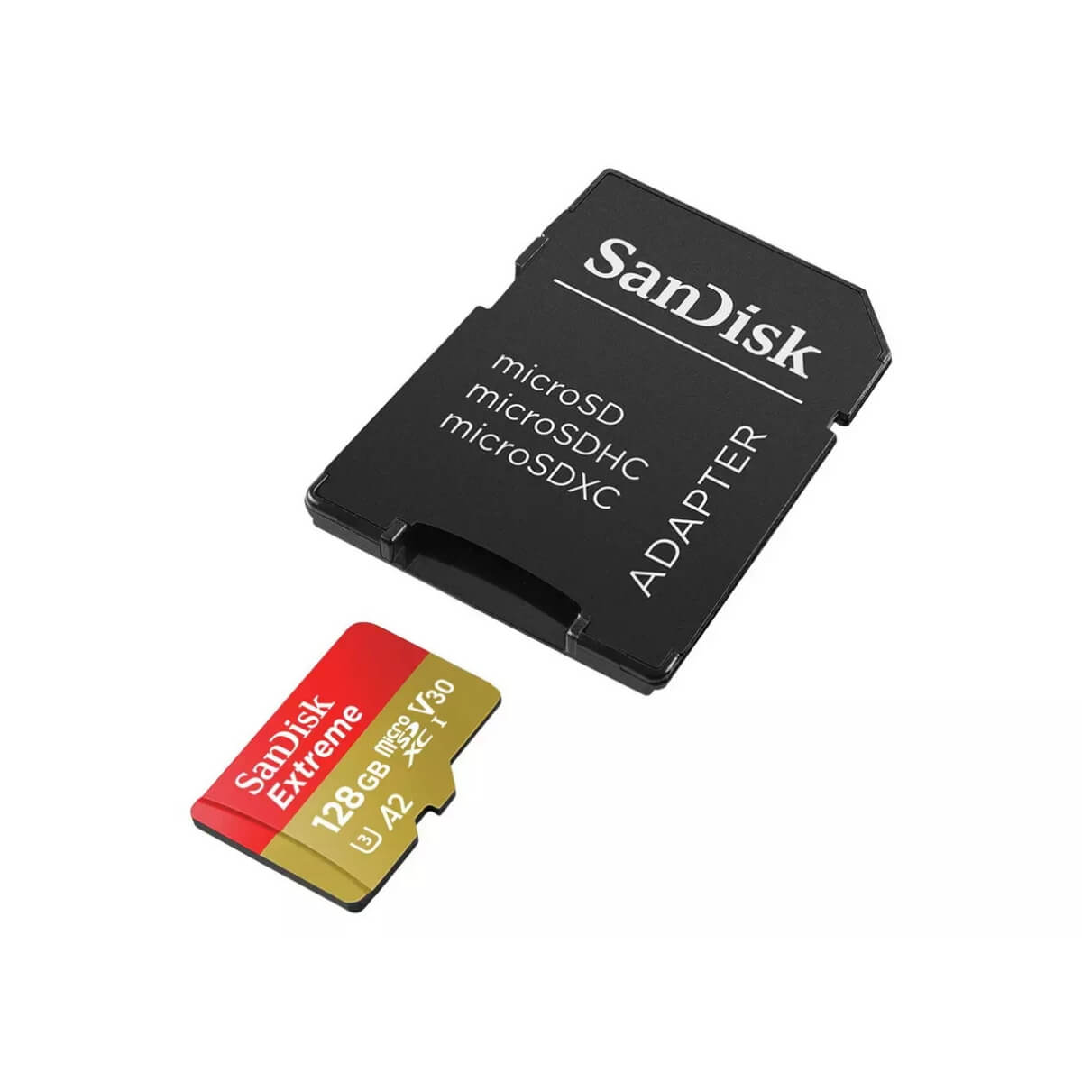 SanDisk microSD card with adapter shown at bottom-up front left view on a white background