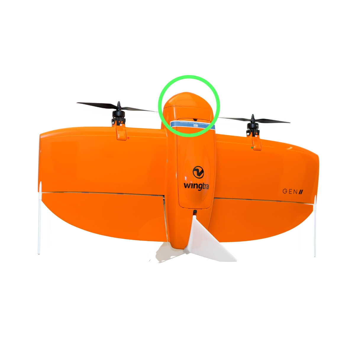 Orange drone with a green circle highlighting a Nose component on a white background