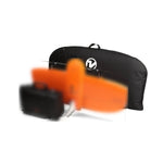 Black soft carry case with blurred products on a white background