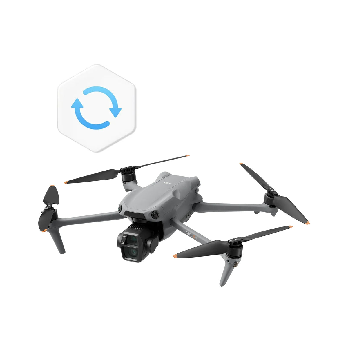 Air 3S grey drone with DJI care refresh logo icon against a white background