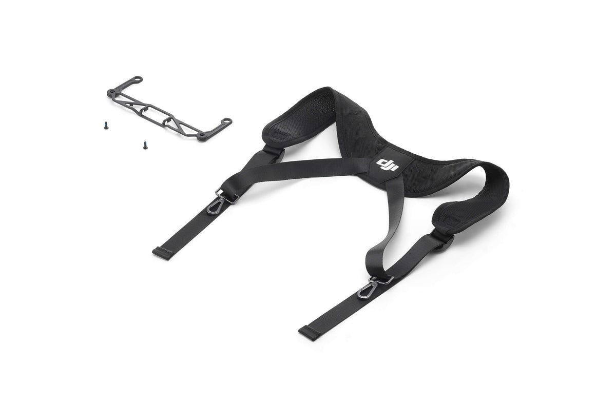 Black DJI RC Plus 2 shoulder harness and mounting plate shown at a 45-degree front left view on a white background