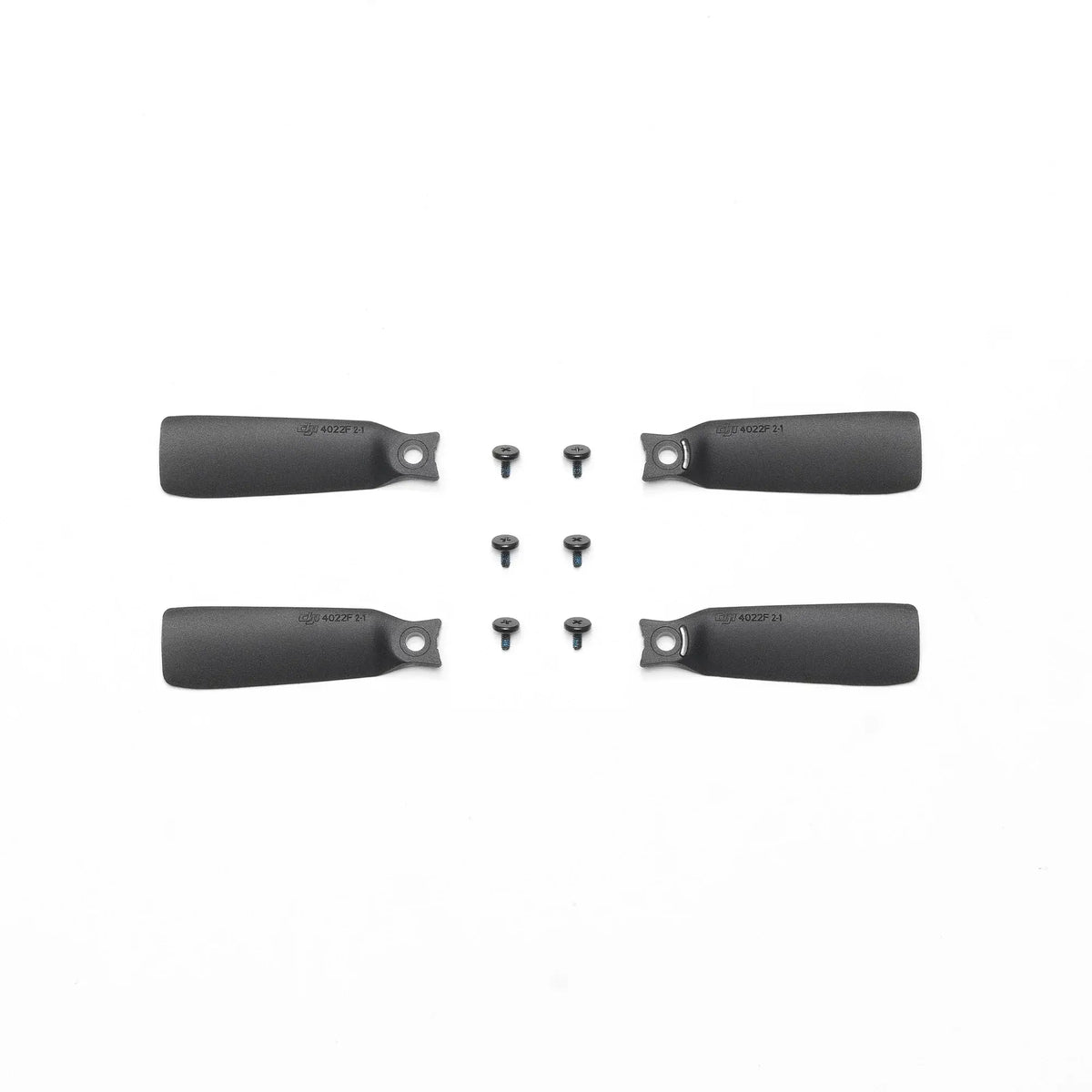 Set of black propellers with screws shown at birds-eye view on a white background